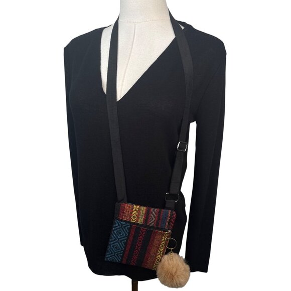 2/$30 Small Crossbody Bag Multicolor Stripes Adjustable Camel Mink Pom Pom - Picture 4 of 8